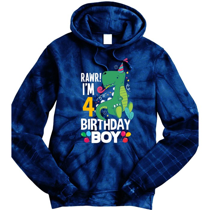 4th Birthday Boy 4 Year Old Birthday Boy T Rex Dinosaur Tie Dye Hoodie