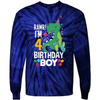 4th Birthday Boy 4 Year Old Birthday Boy T Rex Dinosaur Tie-Dye Long Sleeve Shirt