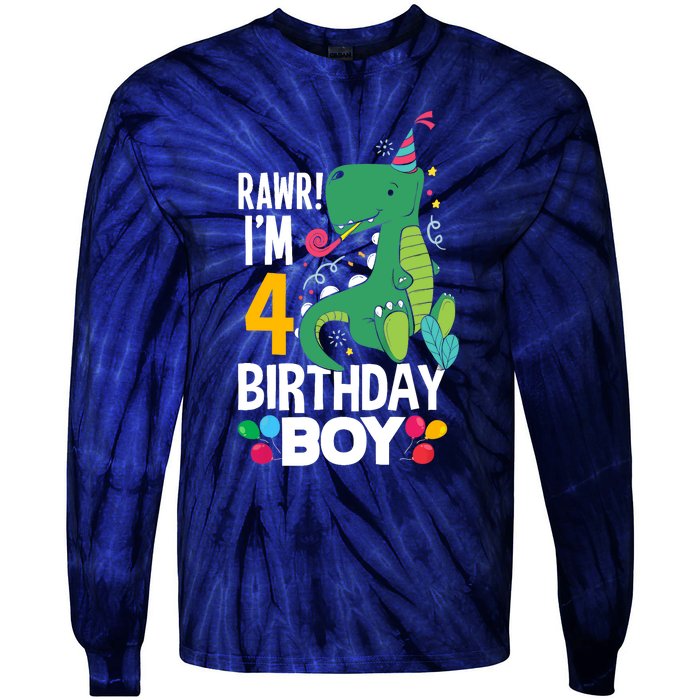 4th Birthday Boy 4 Year Old Birthday Boy T Rex Dinosaur Tie-Dye Long Sleeve Shirt