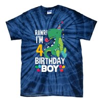 4th Birthday Boy 4 Year Old Birthday Boy T Rex Dinosaur Tie-Dye T-Shirt