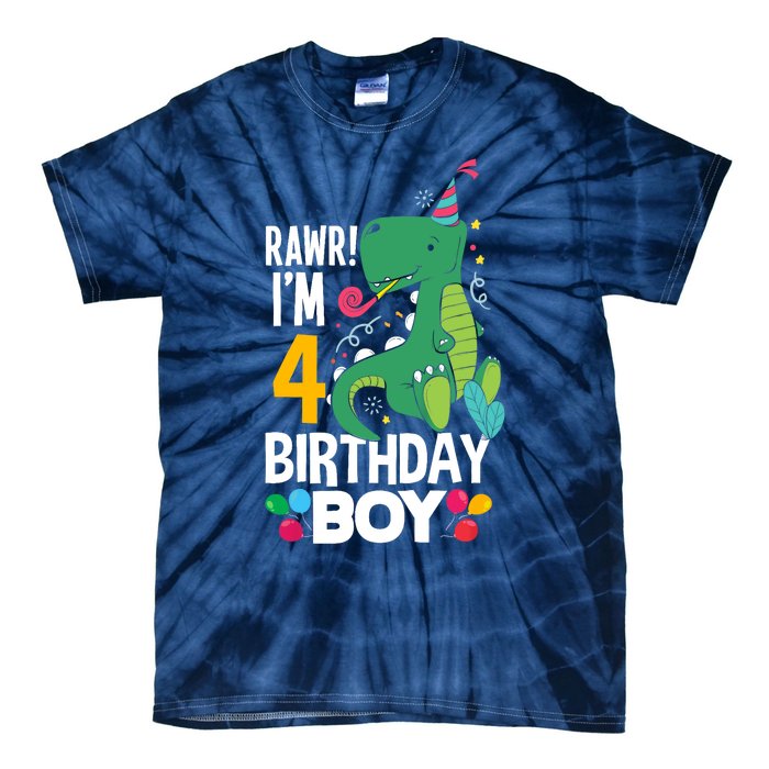 4th Birthday Boy 4 Year Old Birthday Boy T Rex Dinosaur Tie-Dye T-Shirt