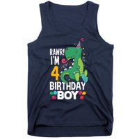 4th Birthday Boy 4 Year Old Birthday Boy T Rex Dinosaur Tank Top