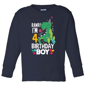 4th Birthday Boy 4 Year Old Birthday Boy T Rex Dinosaur Toddler Long Sleeve Shirt