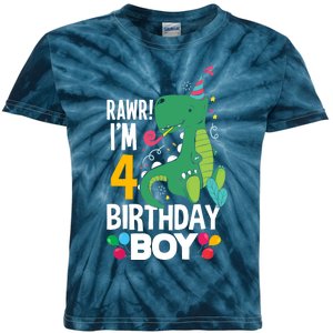 4th Birthday Boy 4 Year Old Birthday Boy T Rex Dinosaur Kids Tie-Dye T-Shirt