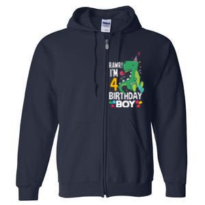 4th Birthday Boy 4 Year Old Birthday Boy T Rex Dinosaur Full Zip Hoodie