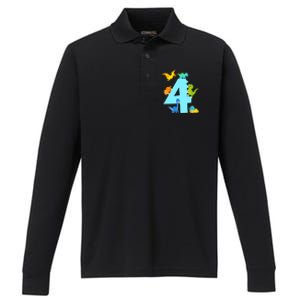 4th Birthday Boy 4 Years Old Dinosaur Toy Dino Performance Long Sleeve Polo