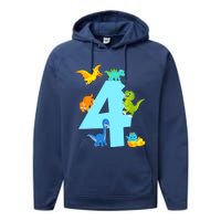 4th Birthday Boy 4 Years Old Dinosaur Toy Dino Performance Fleece Hoodie