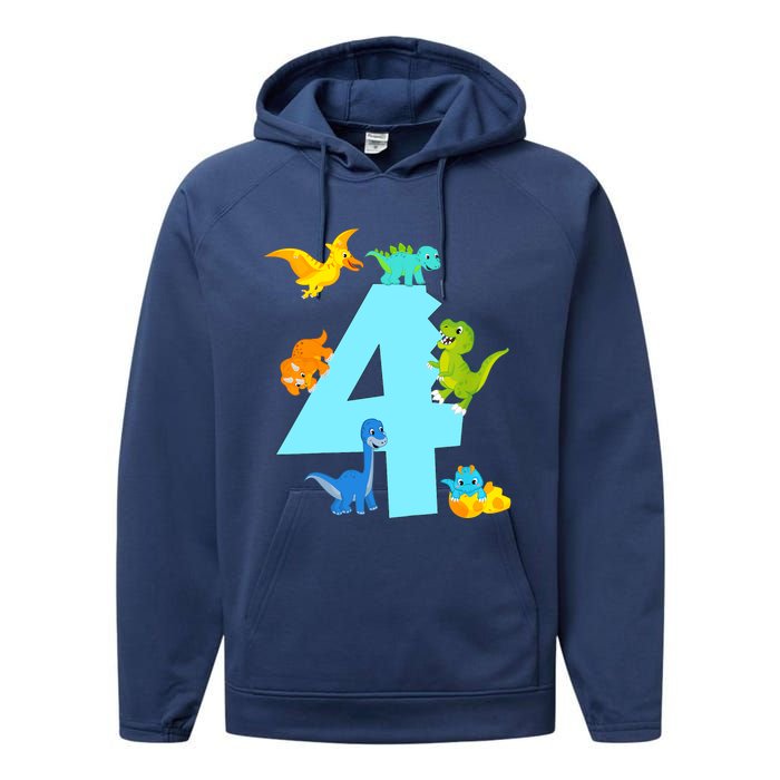 4th Birthday Boy 4 Years Old Dinosaur Toy Dino Performance Fleece Hoodie