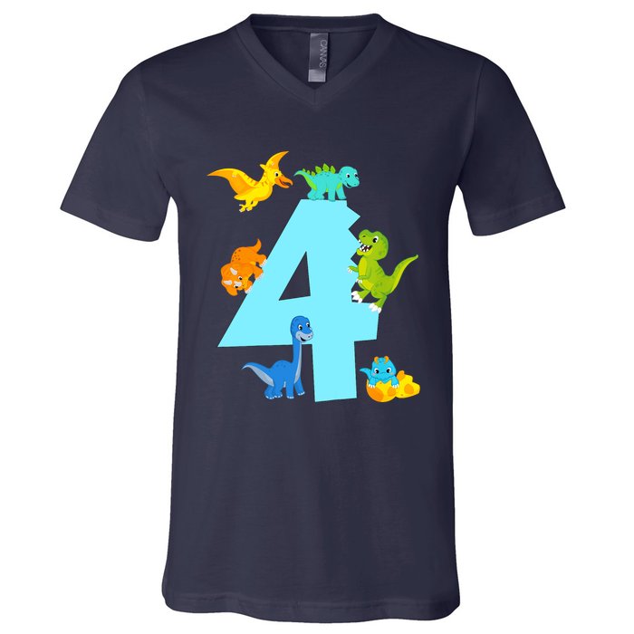 4th Birthday Boy 4 Years Old Dinosaur Toy Dino V-Neck T-Shirt