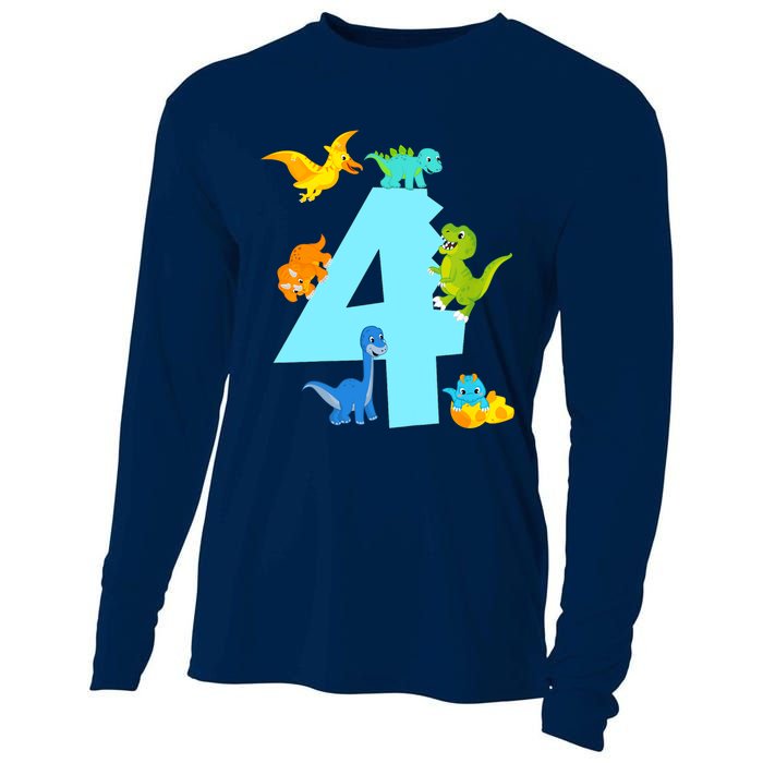 4th Birthday Boy 4 Years Old Dinosaur Toy Dino Cooling Performance Long Sleeve Crew