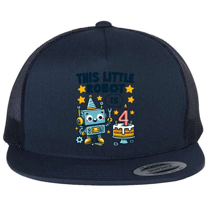 4th Birthday Boy 4 Year Old Robotics Robot 4th Birthday Flat Bill Trucker Hat