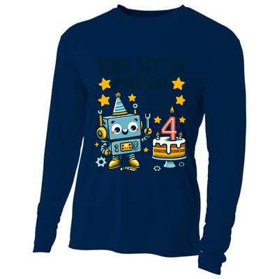 4th Birthday Boy 4 Year Old Robotics Robot 4th Birthday Cooling Performance Long Sleeve Crew