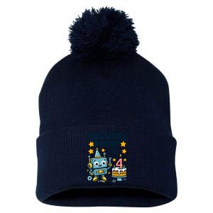 4th Birthday Boy 4 Year Old Robotics Robot 4th Birthday Pom Pom 12in Knit Beanie