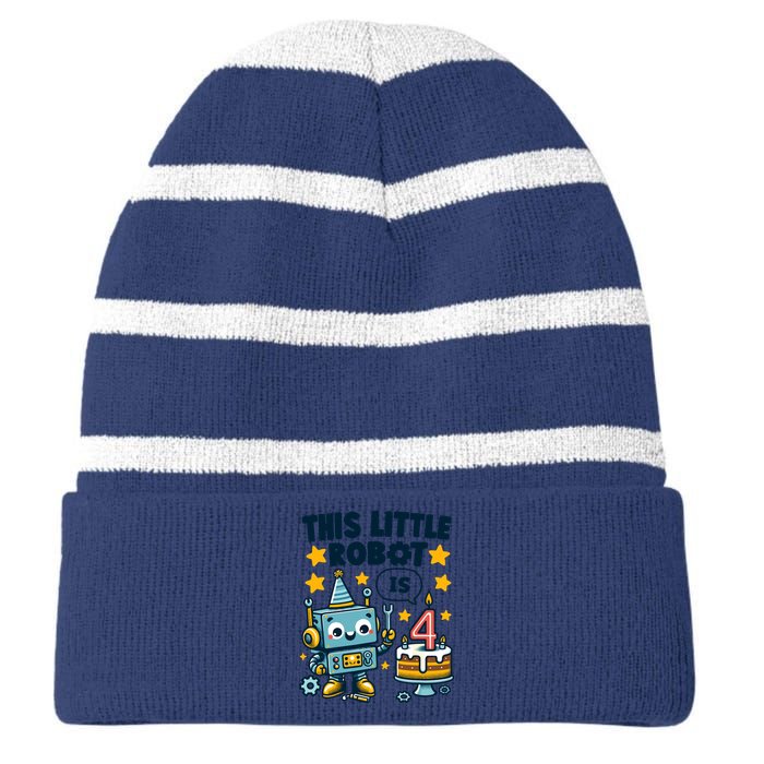 4th Birthday Boy 4 Year Old Robotics Robot 4th Birthday Striped Beanie with Solid Band