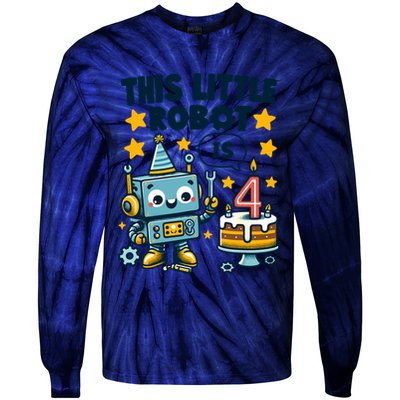 4th Birthday Boy 4 Year Old Robotics Robot 4th Birthday Tie-Dye Long Sleeve Shirt