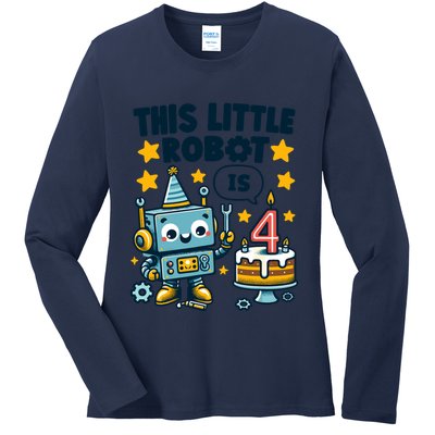 4th Birthday Boy 4 Year Old Robotics Robot 4th Birthday Ladies Long Sleeve Shirt