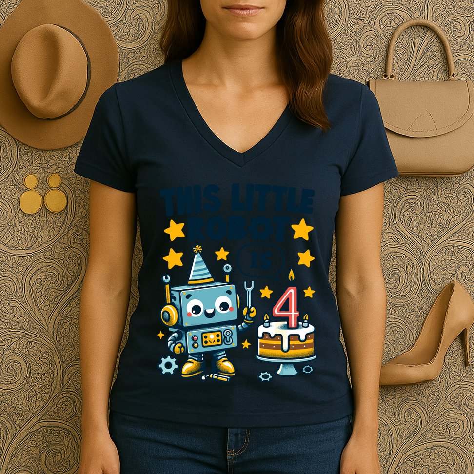 4th Birthday Boy 4 Year Old Robotics Robot 4th Birthday Women's V-Neck T-Shirt