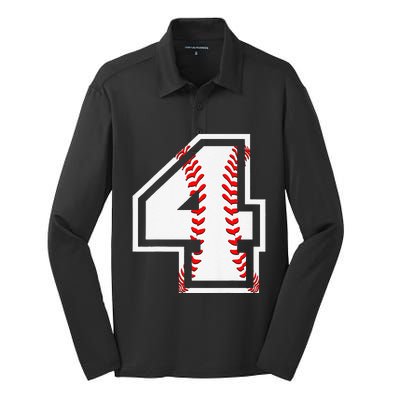 4th Birthday Baseball Big Number Four 4 Year Old Cute Gift Silk Touch Performance Long Sleeve Polo