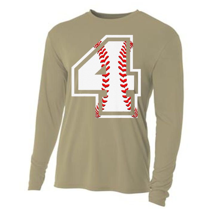 4th Birthday Baseball Big Number Four 4 Year Old Cute Gift Cooling Performance Long Sleeve Crew