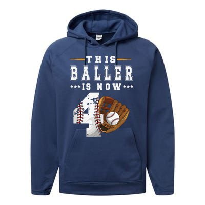 4th Birthday Baseball Big Number Four 4 Year Old Cute Performance Fleece Hoodie