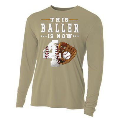 4th Birthday Baseball Big Number Four 4 Year Old Cute Cooling Performance Long Sleeve Crew