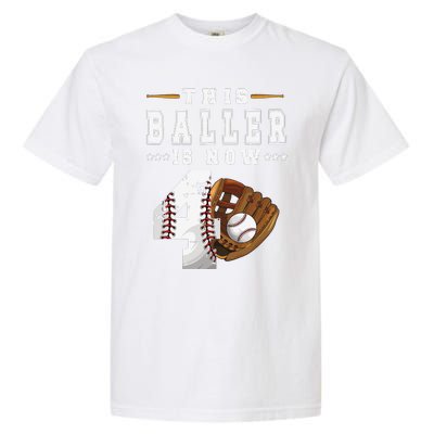 4th Birthday Baseball Big Number Four 4 Year Old Cute Garment-Dyed Heavyweight T-Shirt