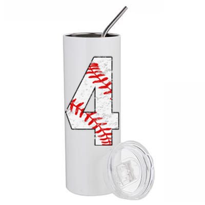 4th Birthday Baseball Big Number Four 4 Year Old Funny Gift Stainless Steel Tumbler