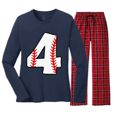 4th Birthday Baseball Big Number Four 4 Year Old Funny Women's Long Sleeve Flannel Pajama Set 