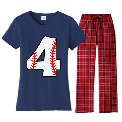 4th Birthday Baseball Big Number Four 4 Year Old Funny Women's Flannel Pajama Set