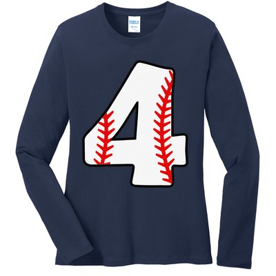 4th Birthday Baseball Big Number Four 4 Year Old Funny Ladies Long Sleeve Shirt