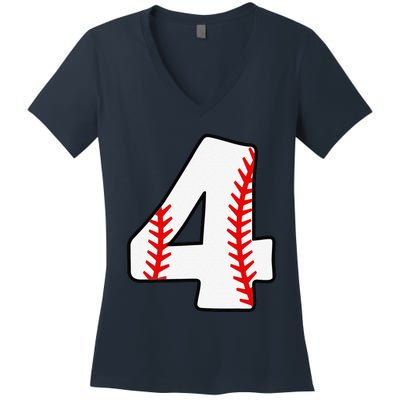 4th Birthday Baseball Big Number Four 4 Year Old Funny Women's V-Neck T-Shirt