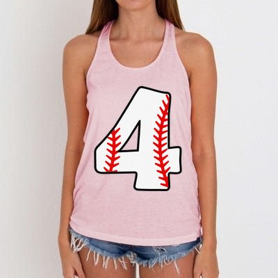 4th Birthday Baseball Big Number Four 4 Year Old Funny Women's Knotted Racerback Tank