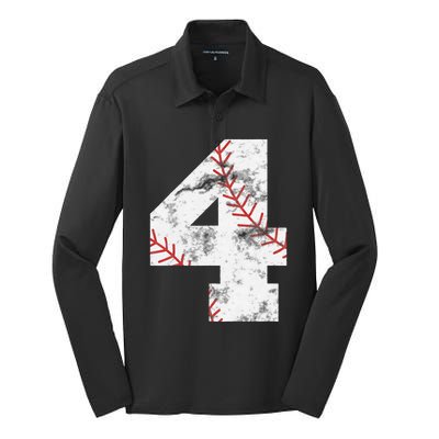 4th Birthday Baseball Big Number Four 4 Year Old Gift Silk Touch Performance Long Sleeve Polo