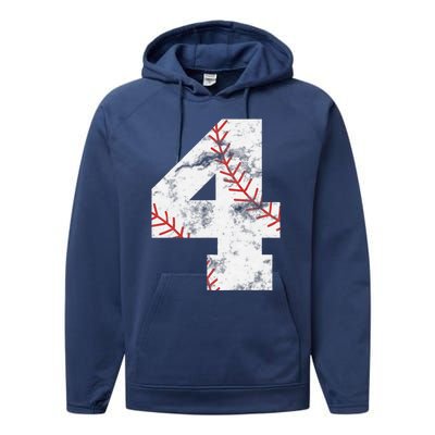 4th Birthday Baseball Big Number Four 4 Year Old Gift Performance Fleece Hoodie