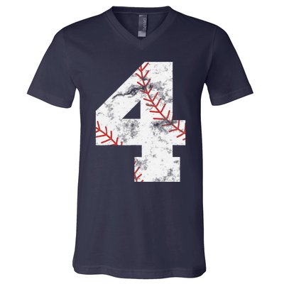 4th Birthday Baseball Big Number Four 4 Year Old Gift V-Neck T-Shirt