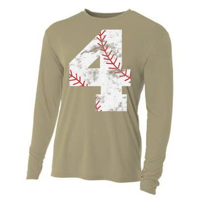 4th Birthday Baseball Big Number Four 4 Year Old Gift Cooling Performance Long Sleeve Crew