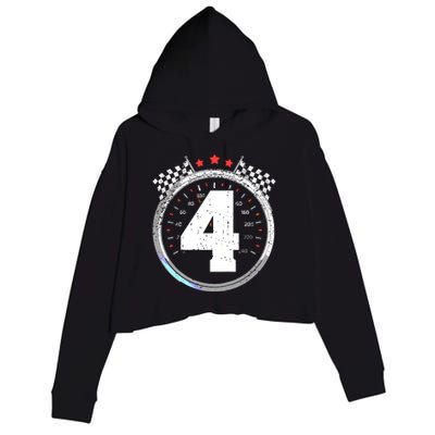 4th Birthday Boy 4 Fourth Race Car Birthday Racing Car Flag Crop Fleece Hoodie