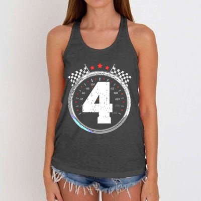 4th Birthday Boy 4 Fourth Race Car Birthday Racing Car Flag Women's Knotted Racerback Tank