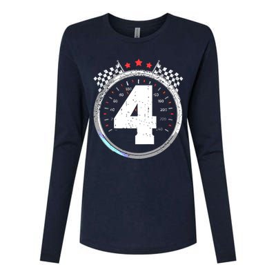 4th Birthday Boy 4 Fourth Race Car Birthday Racing Car Flag Womens Cotton Relaxed Long Sleeve T-Shirt