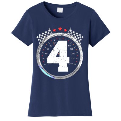 4th Birthday Boy 4 Fourth Race Car Birthday Racing Car Flag Women's T-Shirt