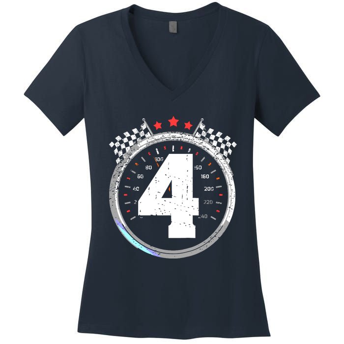 4th Birthday Boy 4 Fourth Race Car Birthday Racing Car Flag Women's V-Neck T-Shirt