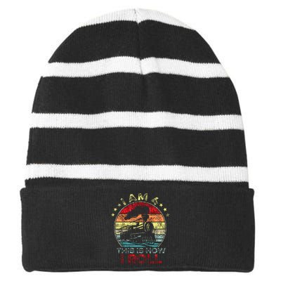 4th Birthday Boy Train 4 Year Old Birthday Striped Beanie with Solid Band