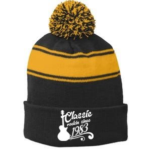 40th Birthday Classic Rockin Since 1983 Stripe Pom Pom Beanie