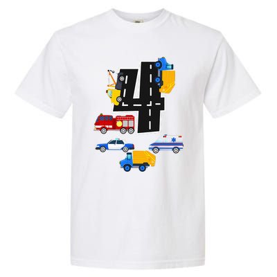 4th Birthday Fire Truck Police Car 4 Year Old Garment-Dyed Heavyweight T-Shirt