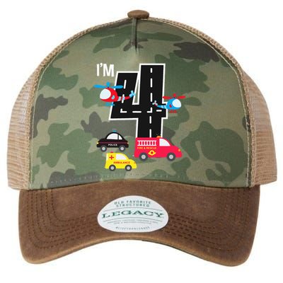 4th Birthday Fire Truck Police Car Ambulance 4 Year Legacy Tie Dye Trucker Hat