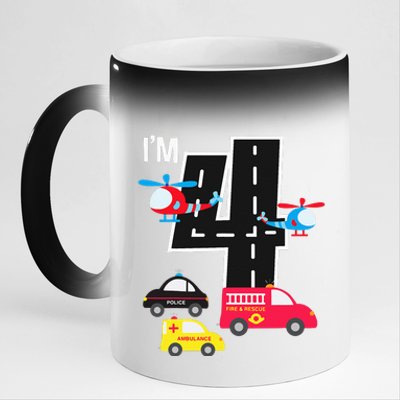 4th Birthday Fire Truck Police Car Ambulance 4 Year 11oz Black Color Changing Mug