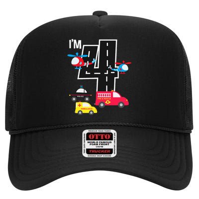 4th Birthday Fire Truck Police Car Ambulance 4 Year High Crown Mesh Back Trucker Hat