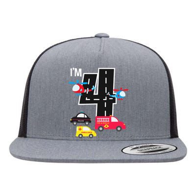 4th Birthday Fire Truck Police Car Ambulance 4 Year Flat Bill Trucker Hat