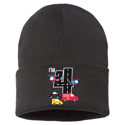 4th Birthday Fire Truck Police Car Ambulance 4 Year Sustainable Knit Beanie