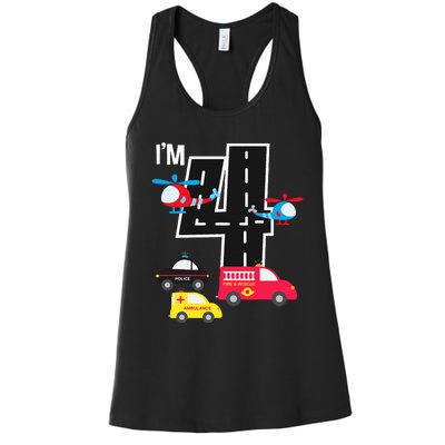 4th Birthday Fire Truck Police Car Ambulance 4 Year Women's Racerback Tank